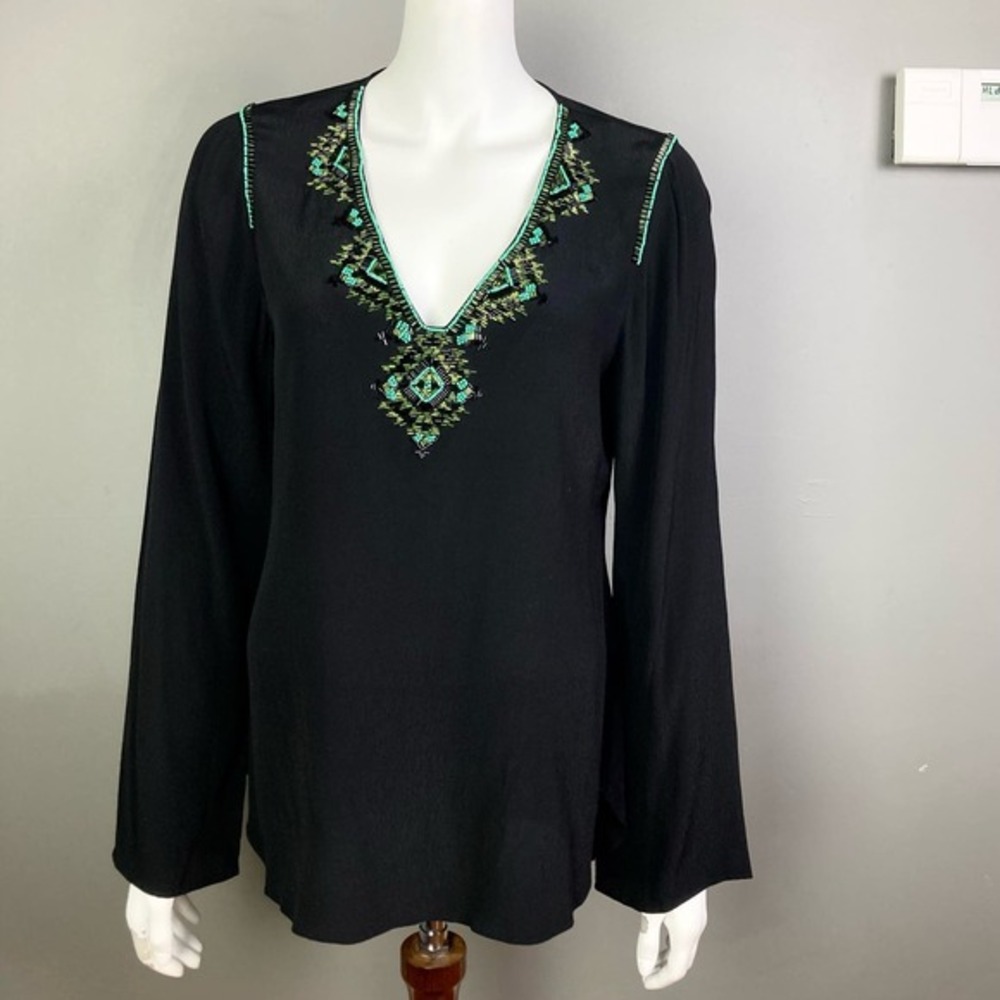 Hale Bob top blouse small beaded southwestern long sleeve black gold coverup